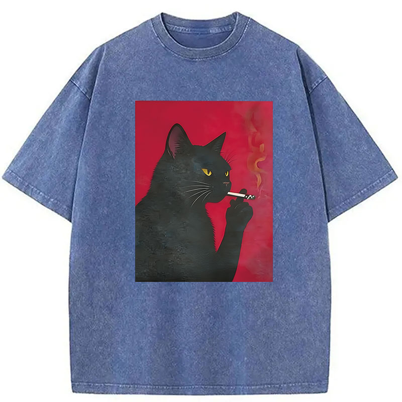 Modecanvas Black Cat Smoking DTG Printing Washed T-Shirt