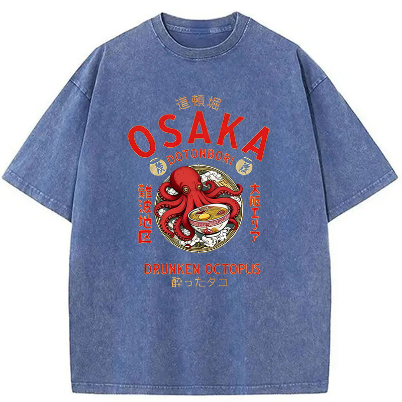 Modecanvas Osaka Drunken Octopus Eating Ramen DTG Printing Washed T-Shirt