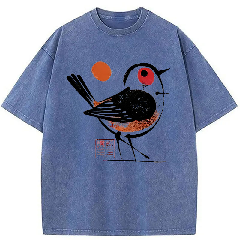 Modecanvas Aesthetic Yellow And Black Bird DTG Printing Washed T-Shirt