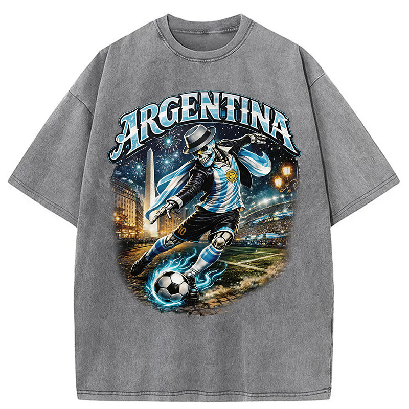 Modecanvas Skull Argentina Football DTG Printing Washed T-Shirt