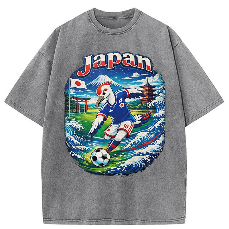 Modecanvas Japan Crane Soccer DTG Printing Washed T-Shirt