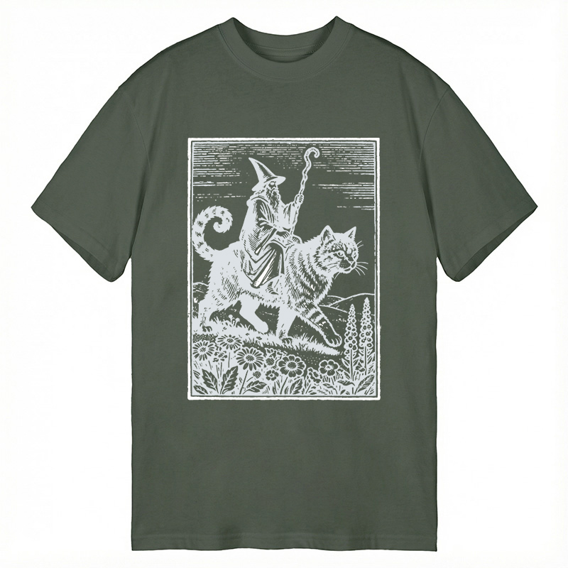 Modecanvas Wizard Cat Rider Vintage DTG Printing Classic T-Shirt-modecanvas