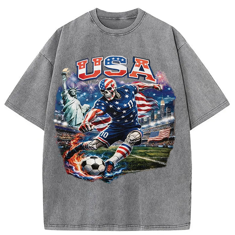 Modecanvas USA Soccer Skull DTG Printing Washed T-Shirt