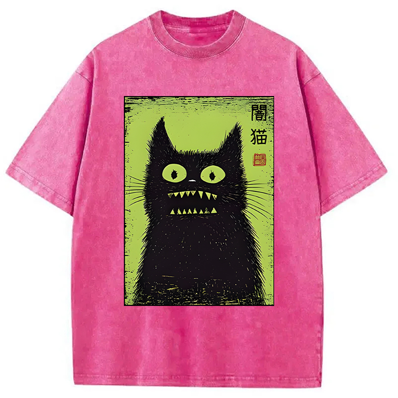 Modecanvas Spooky Black Cat Japanese DTG Printing Washed T-Shirt