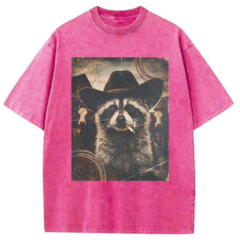 Modecanvas Vintage Weatern Raccoon DTG Printing Washed T-Shirt