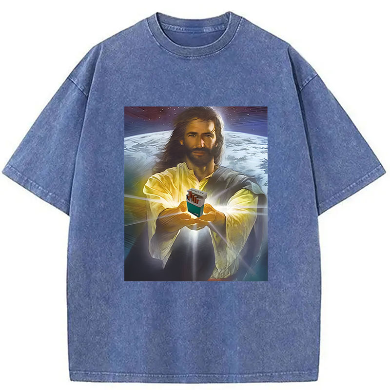 Modecanvas Jesus Holding Cigarettes DTG Printing Washed T-Shirt