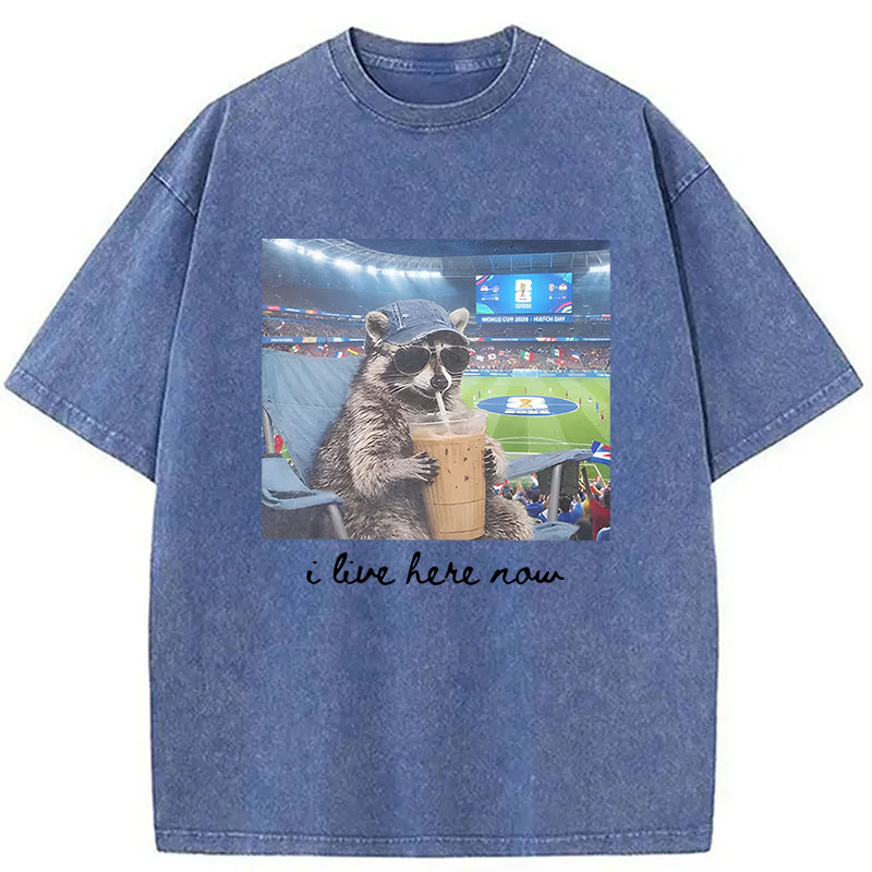 Modecanvas I Live Here Now Raccoon DTG Printing Washed T-Shirt