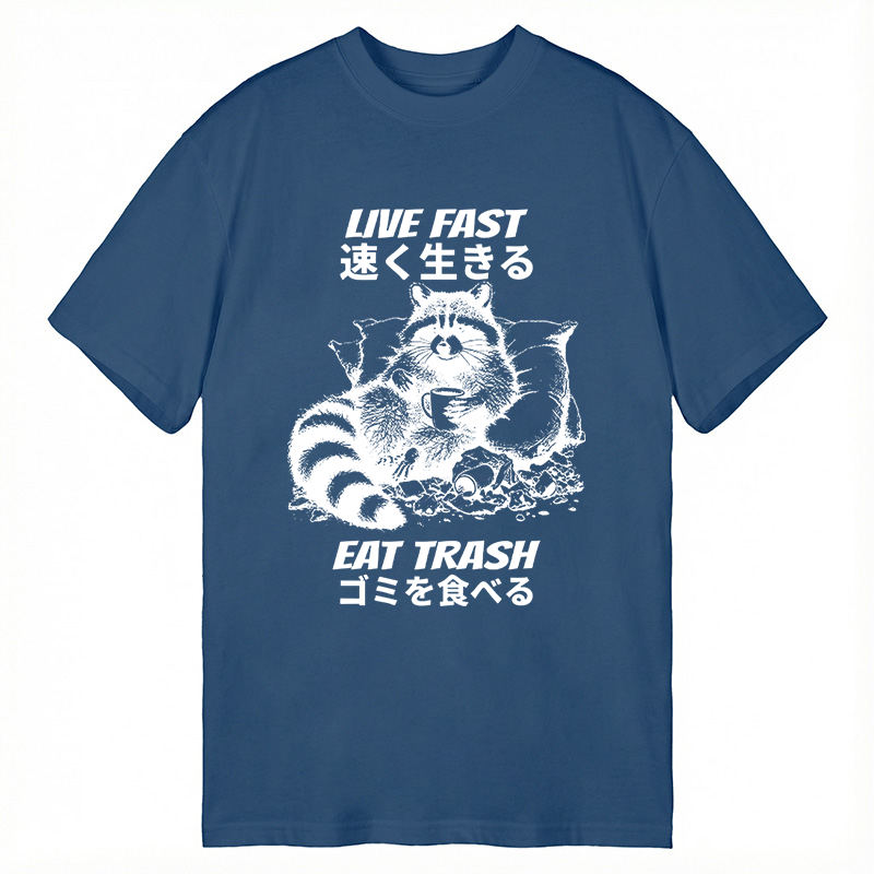 Modecanvas Live Fast Eat Trash Japanese Raccoon Meme DTG Printing Classic T-Shirt-modecanvas