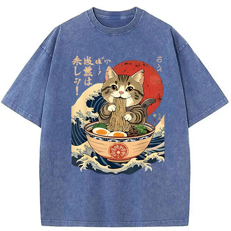 Modecanvas Cat Eating Ramen Noodles DTG Printing Washed T-Shirt