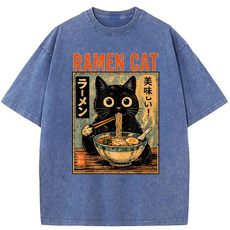 Modecanvas Funny Cat Ramen DTG Printing Washed T-Shirt