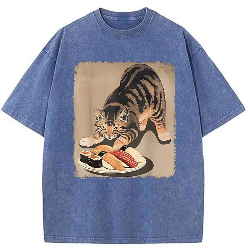 Modecanvas Kawaii Cat Eating Sushi DTG Printing Washed T-Shirt