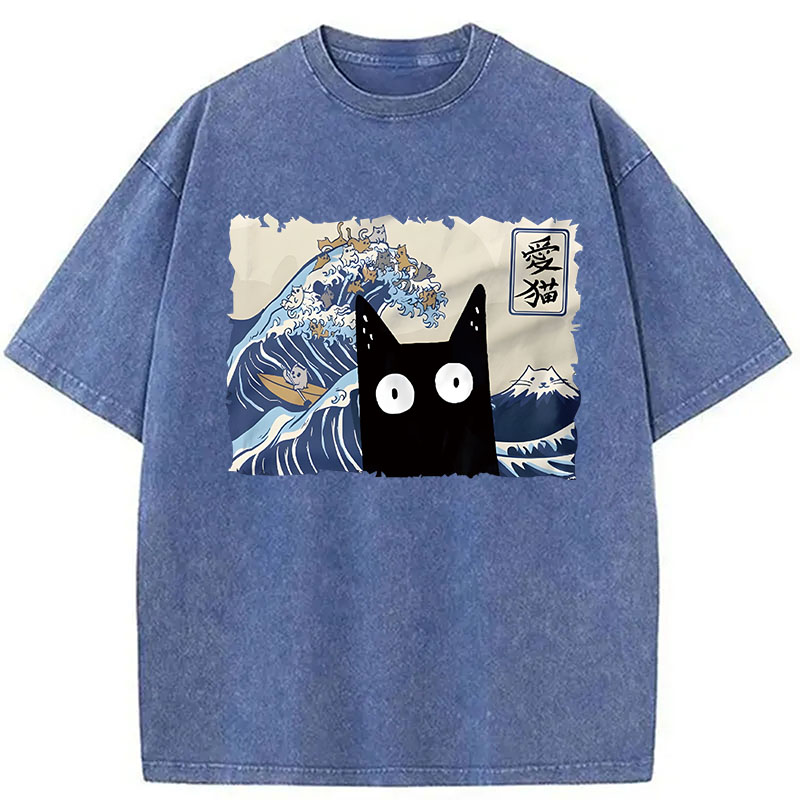 Modecanvas Kawaii Cat Japanese Wave DTG Printing Washed T-Shirt
