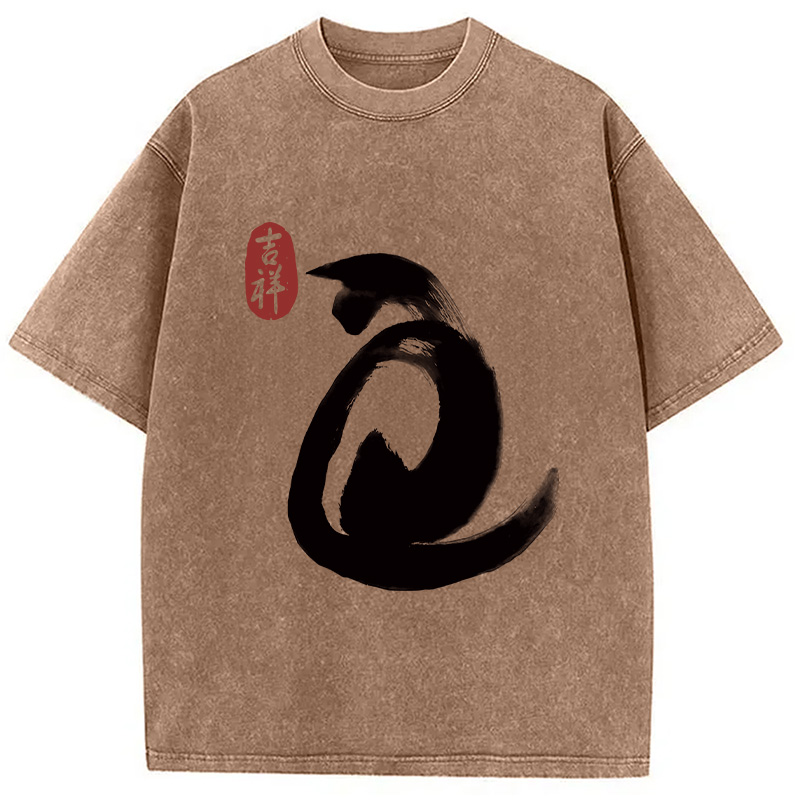 Modecanvas Vintage Ink Cat Washed T-Shirt