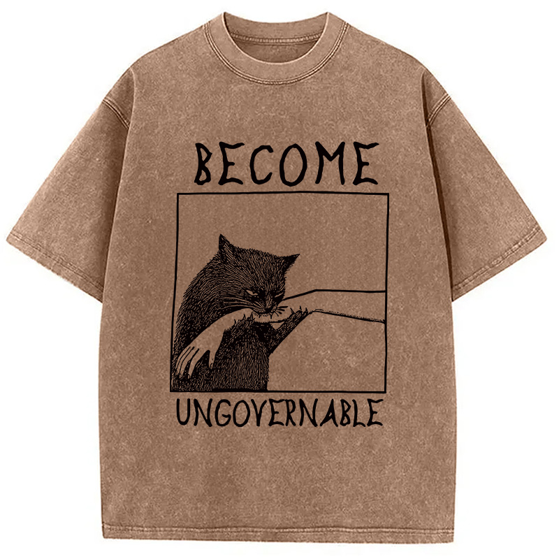 Modecanvas Cat Biting Arm Washed T-Shirt-modecanvas