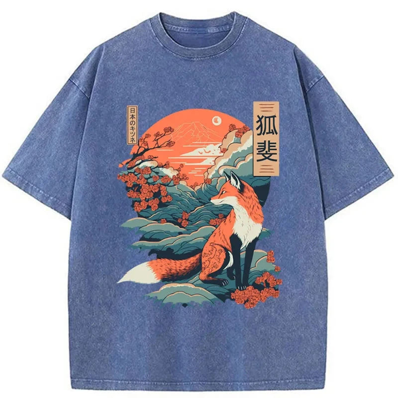 Modecanvas Japanese Kitsune Fox Sakura Washed T-Shirt