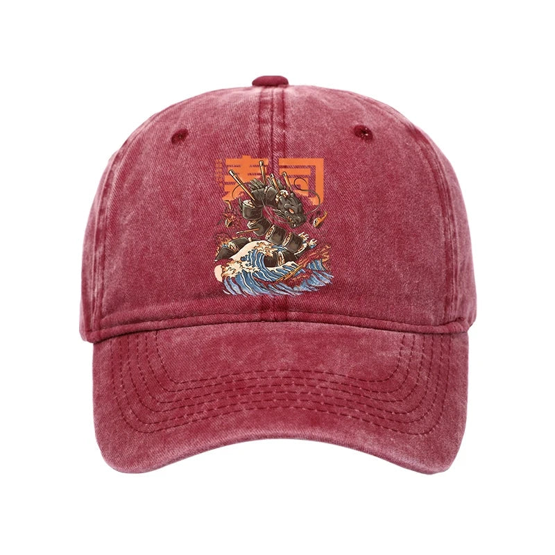 Modecanvas The Great Sushi Dragon Wave Washed Cap-modecanvas