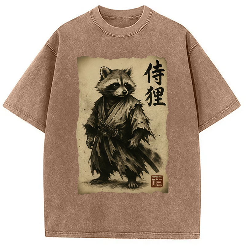 Modecanvas Samurai Raccoon Washed T-Shirt-modecanvas
