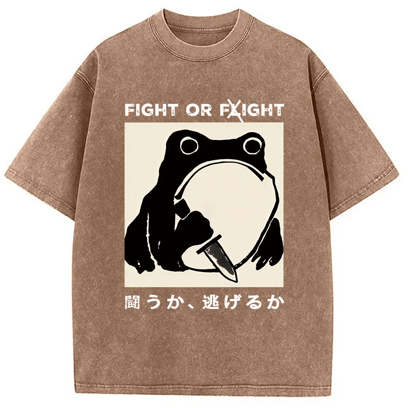 Modecanvas Fight Or Flight Funny Frog Japanese Washed T-Shirt