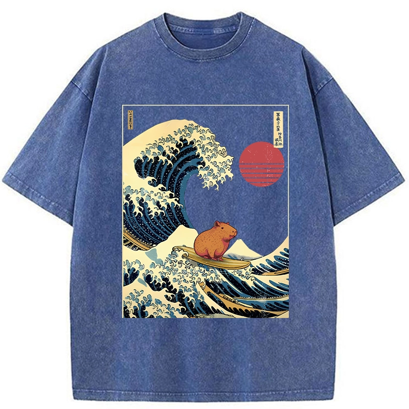 Modecanvas Capybara Surfing Washed T-Shirt-modecanvas