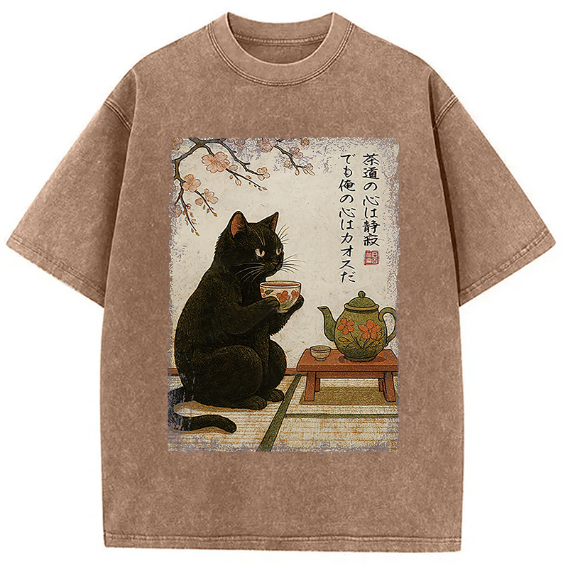 Modecanvas Tea Time With A Black Cat Washed T-Shirt-modecanvas