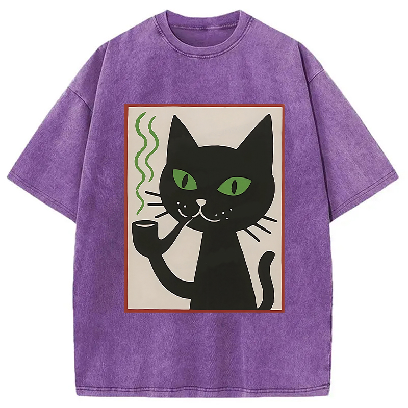 Modecanvas Black Cat Smoking Washed T-Shirt