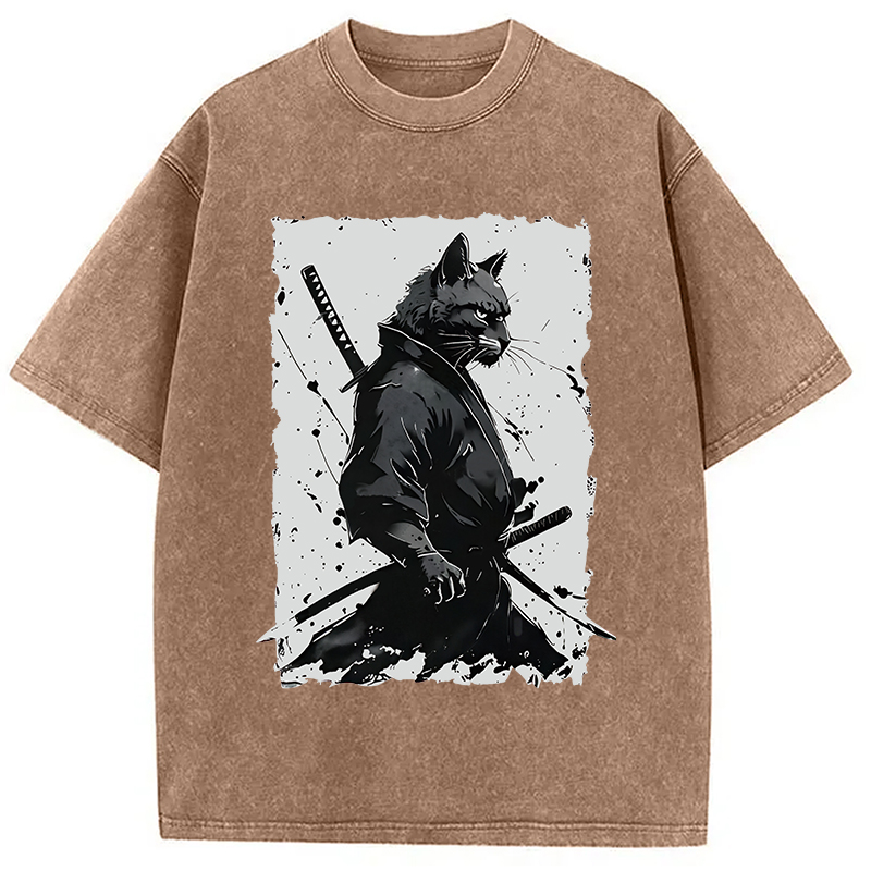 Modecanvas Handsome Samurai Cat Washed T-Shirt