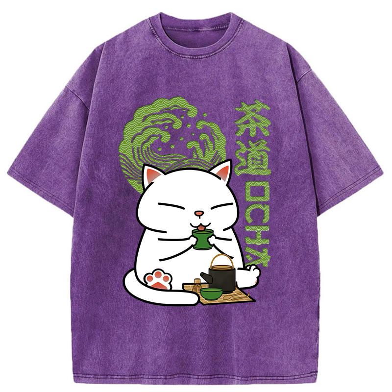 Modecanvas Cat Tasting Tea Washed T-Shirt
