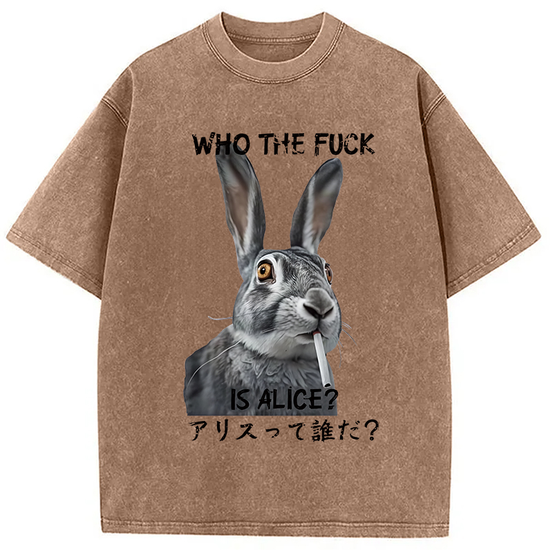 Modecanvas Who The Fvck Is Alice Funny Rabbit Smoking Washed T-Shirt