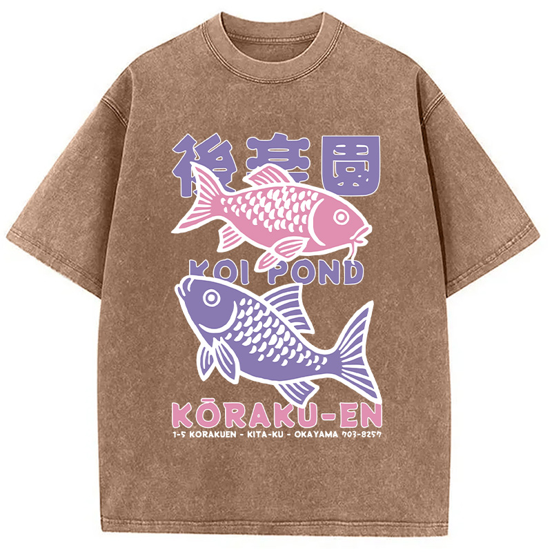 Modecanvas Koi Fish Pond Japanese Washed T-Shirt