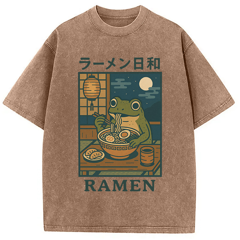 Modecanvas Japanese Frog Eating Ramen Washed T-Shirt-modecanvas