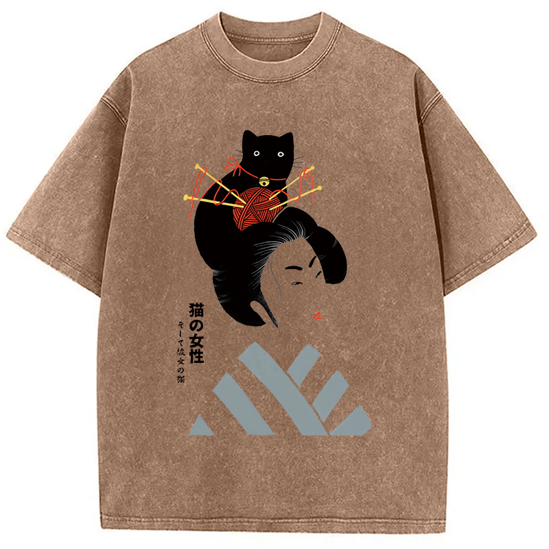 Modecanvas Geisha And Cat Washed T-Shirt