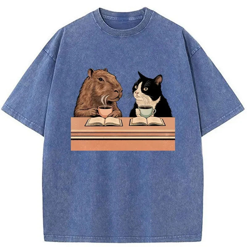 Modecanvas Capybara And Cat Talk Washed T-Shirt-modecanvas