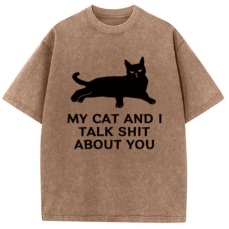 Modecanvas Gossiping Black Cat Washed T-Shirt-modecanvas