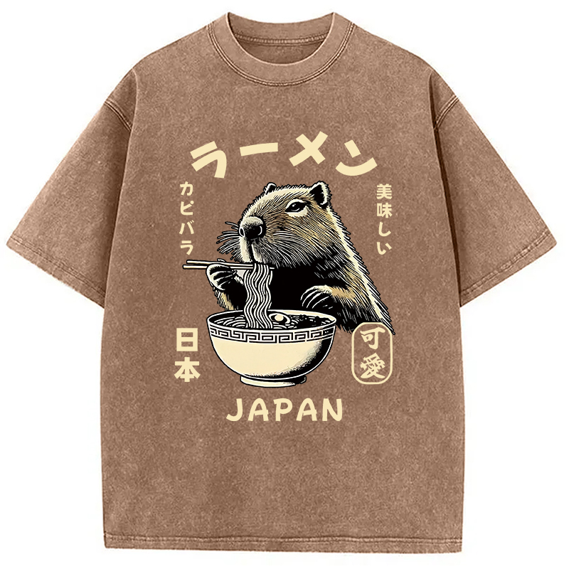 Modecanvas Retro Capybara Eating Ramen Japanese Washed T-Shirt