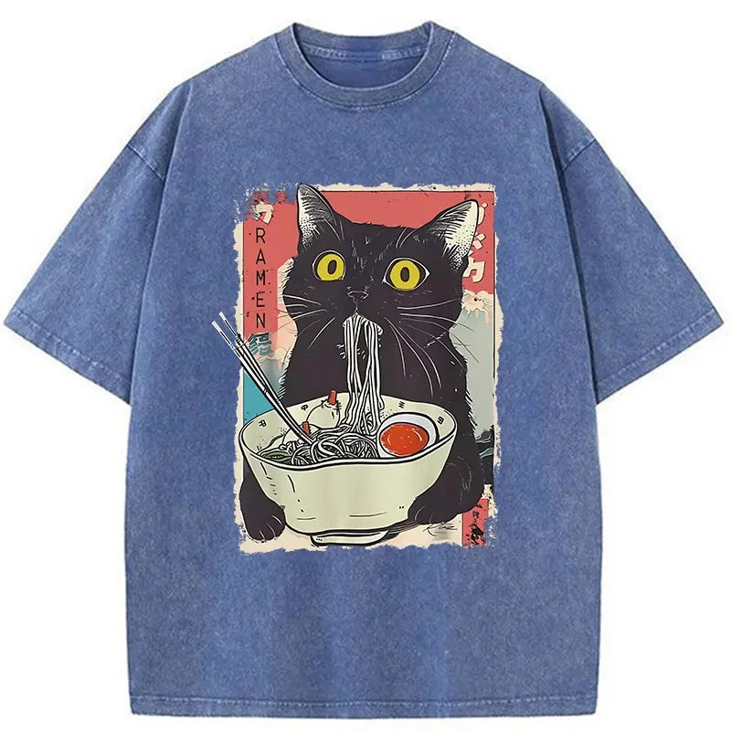 Modecanvas Cute Cat Eating Ramen Washed T-Shirt-modecanvas