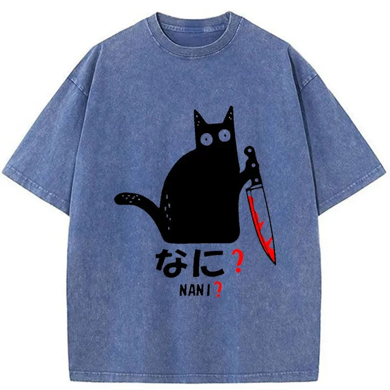 Modecanvas A Puzzled Cat Holding A Knife Washed T-Shirt-modecanvas