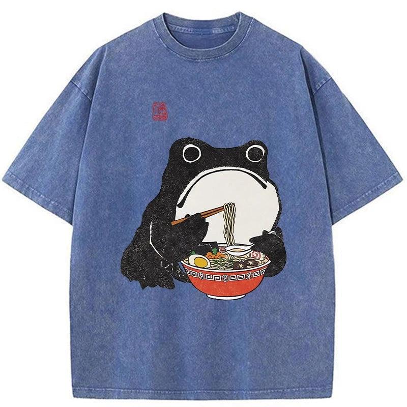 Modecanvas Funny Frog Eating Ramen Washed T-Shirt