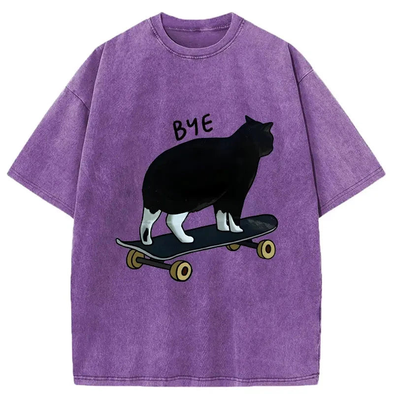 Modecanvas Cat On Skateboard Washed T-Shirt-modecanvas