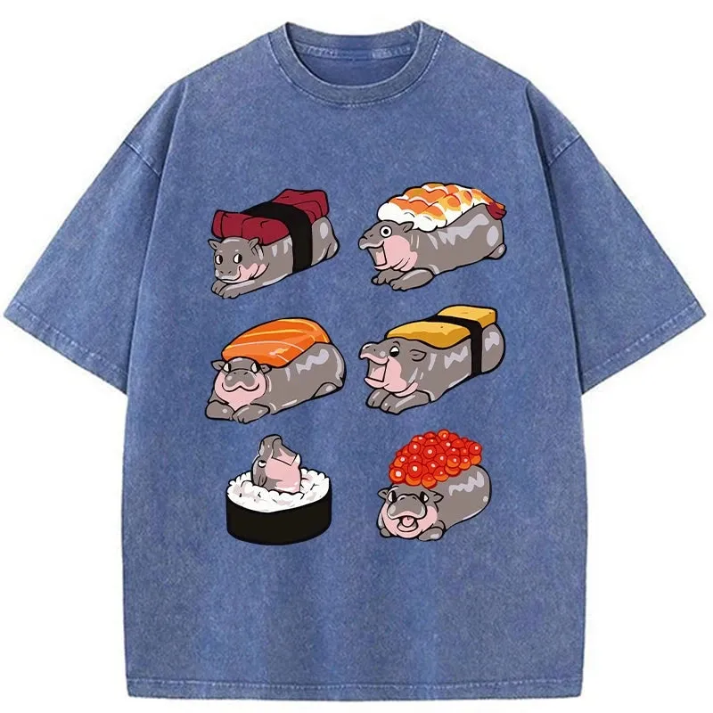 Modecanvas Cute Hippo Sushi Washed T-Shirt