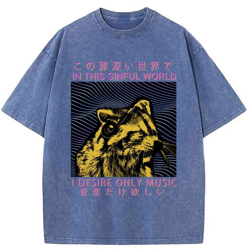 Modecanvas Raccoon Listening To Music Washed T-Shirt