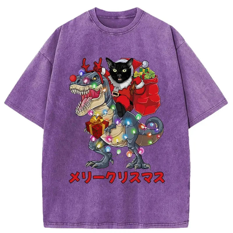 Modecanvas Cat Riding Dinosaur Christmas Washed T-Shirt