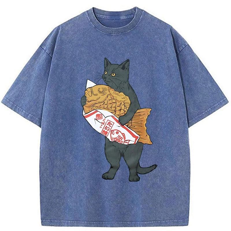 Modecanvas Cat Holding Taiyaki Washed T-Shirt