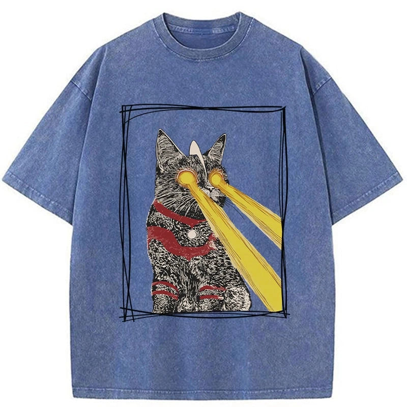 Modecanvas Laser Eye Cat Washed T-Shirt