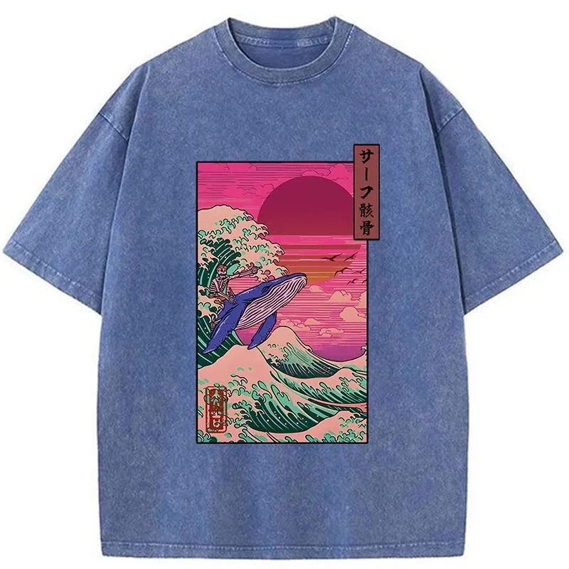 Modecanvas Skeleton Surfing With A Whale Washed T-Shirt
