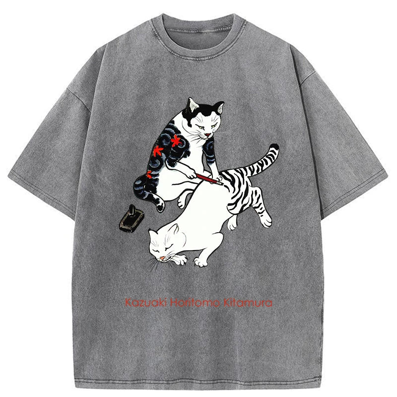 Modecanvas The Cat Is Tattooing Washed T-Shirt