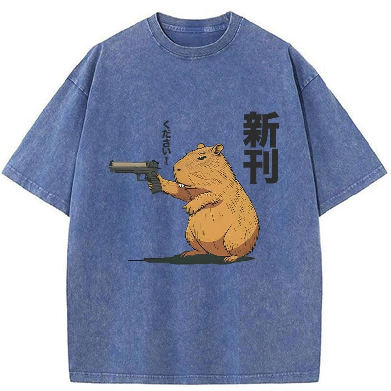 Modecanvas Capybara Holding A Gun Washed T-Shirt