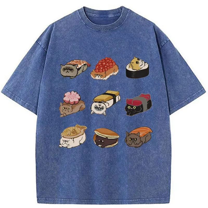 Modecanvas Cute Cat Sushi Washed T-Shirt