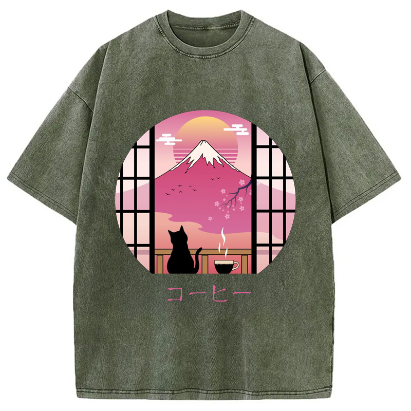 Modecanvas Mount Fuji Black Cat Tea Washed T-Shirt