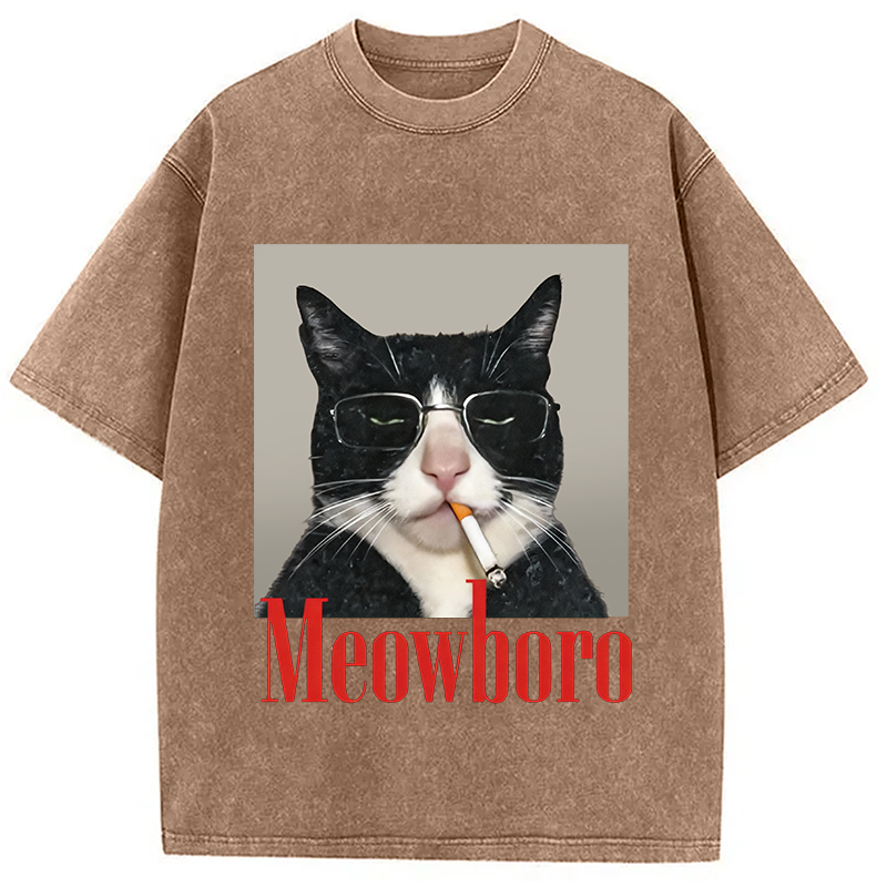 Modecanvas Funny Cat Smoking Cigarette Meme Washed T-Shirt