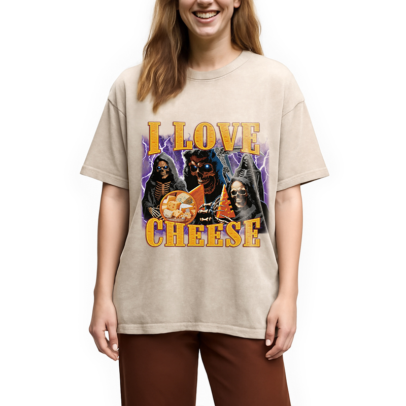 Modecanvas I Love Cheese Funny Skeleton Meme DTG Printing Washed T-Shirt